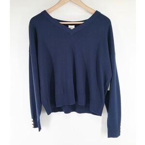 Nikka K V-Neck Pull Over Knit Sweater Women XL Navy Blue Gold Button Cuffs